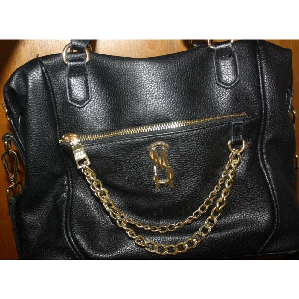 Steve Madden Shoulder Hand Bag Black Chains Large 12 X 9 1/2 Zip Pockets